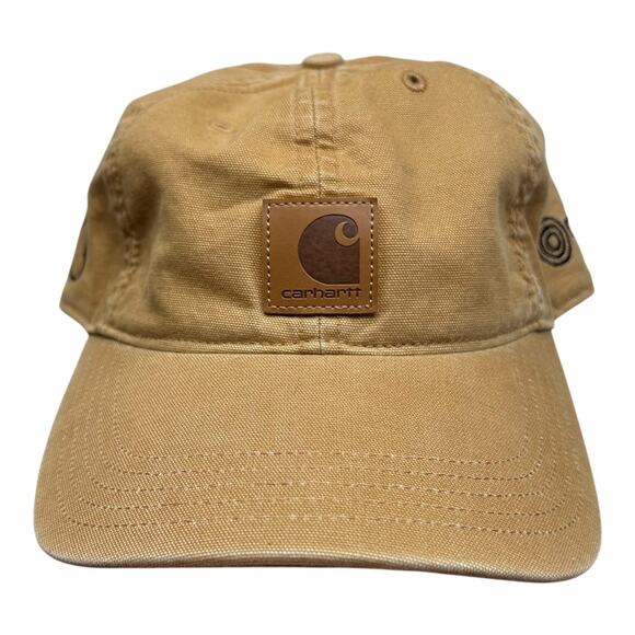 Carhartt Hat Cap Strap Back Mens Brown Canvas Leather Patch Okonite Advertising - Picture 1 of 6